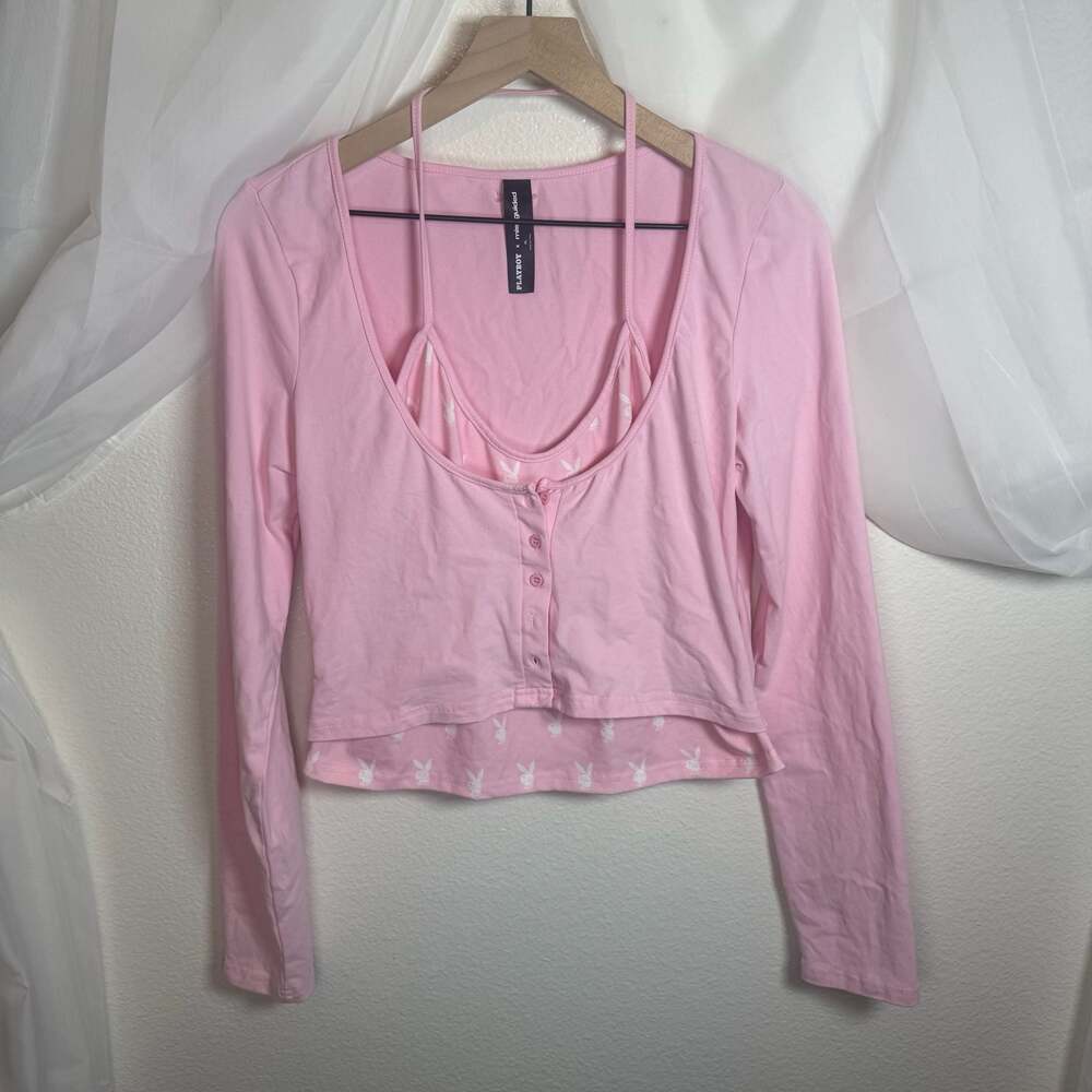 Playboy x Missguided Y2K Inspo Pink Long Sleeve Button-Up Crop Top and Cami Set